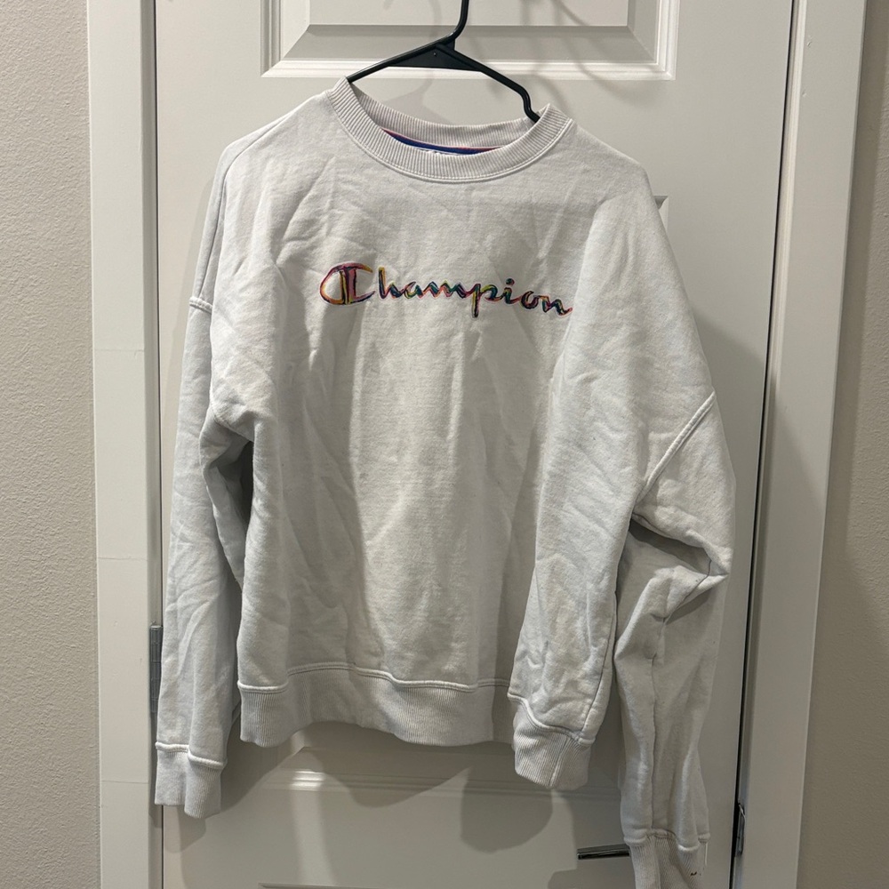 Champion White Crewneck Sweatshirt with Rainbow Script Logo